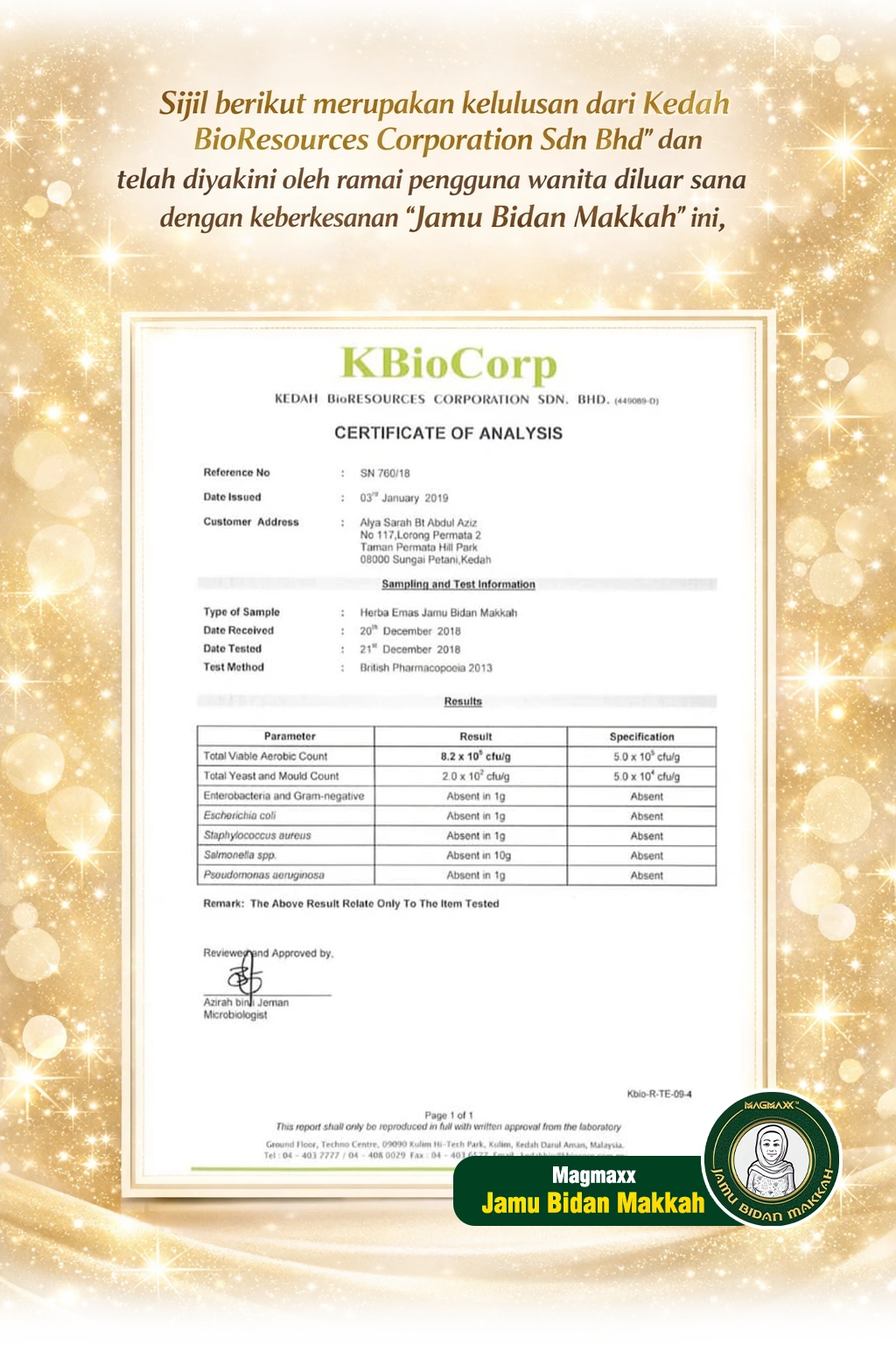 Sijil Analisis KBioCorp Kedah BioResources